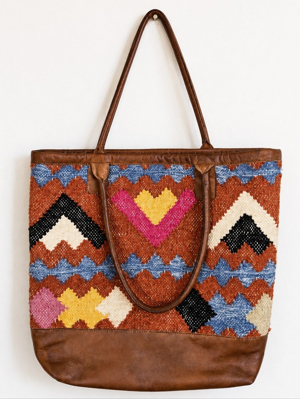 Vintage Anabaglish Southwestern Kilim Leather Tote Bag Boho Sundance Market